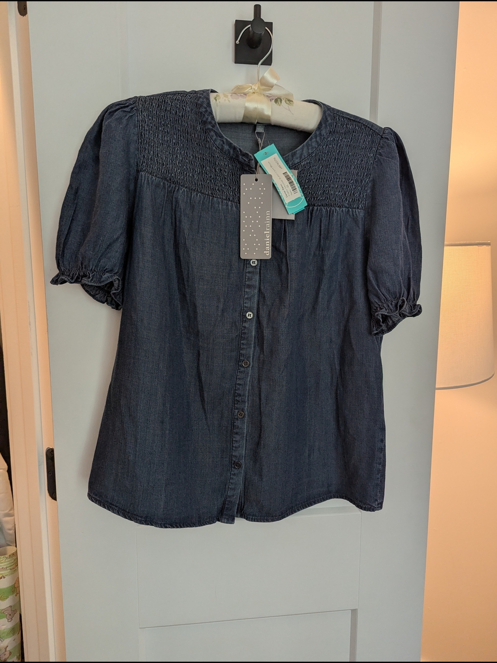 Daniel Rainn Dark Blue Smocked Yoke Button-Down Top